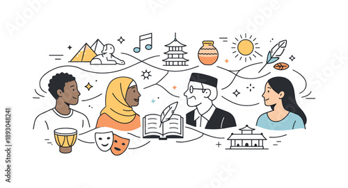 Cultural Connection. Cultural heritage connection. A conceptual editorial scene of diverse people linked by symbolic cultural icons and abstract patterns,