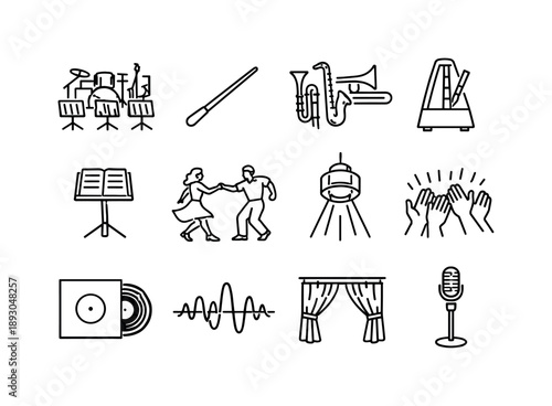 Swing Dance Icon Set. Swing music dance event. Line icon set of Swing music dance event: big band orchestra, conductor baton, brass section, dance tempo
