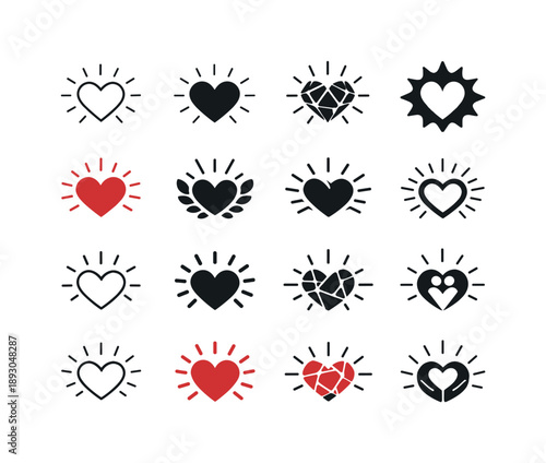 Romantic Emblem Icons. Positive reinforcement in romantic relationships. Icon set. Set Logo of Positive reinforcement in romantic relationships: heart radiance