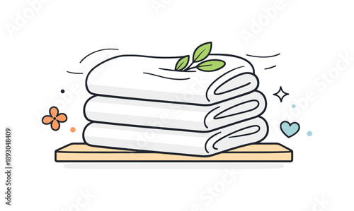 Minimalist Linen Display. Natural home linens. Folded linen towels displayed on a shelf or surface, soft motion lines and shadows highlighting lightweight