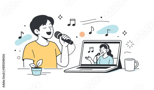 Online Singing Session. Online singing lesson at home. A person singing into a microphone while watching a video tutorial on a tablet or laptop. Calm