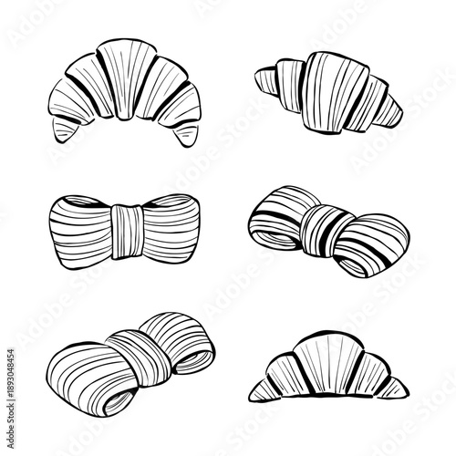Collection of hand-drawn croissants with different shapes isolated on white background. Vector stylized line art elements for menu, recipes, food advert. Sketch illustration of pastry.