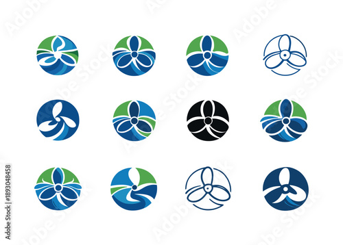 Micro-Hydro Logo Set. Micro-hydro systems. Icon set. Set Logo of Micro-hydro systems: river flow turning turbine blades. harmonious logo variations of the same