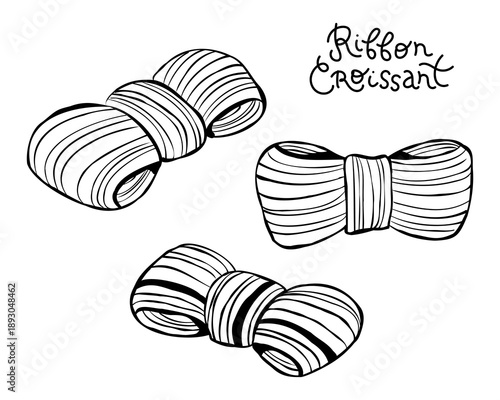 Set of three hand-drawn ribbon croissants isolated on white background. Vector line art pastry drawing for bakery menu, advert, logo, or print. Ink sketch illustration with lettering name. 