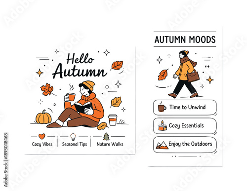 Autumn Social Media Design. Autumn social media pack. Post and story layouts decorated with leaves and warm accents, cozy atmosphere and thoughtful seasonal