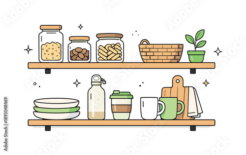 Minimalist Kitchen Shelf. Minimal home interior objects. A kitchen shelf with reusable jars, plates, and mugs in natural tones. Neatly arranged elements