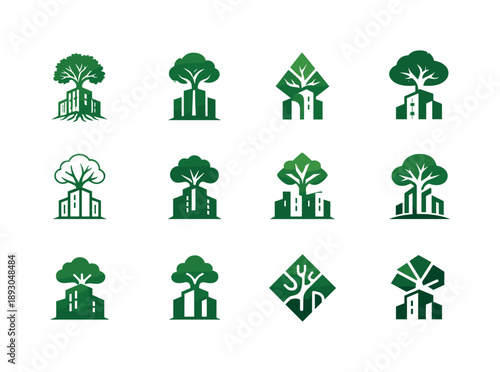 Sustainable Garden Logos. Sustainable gardening and urban green spaces. Icon set. Set Logo of sustainable gardening and urban green spaces: tree growing from