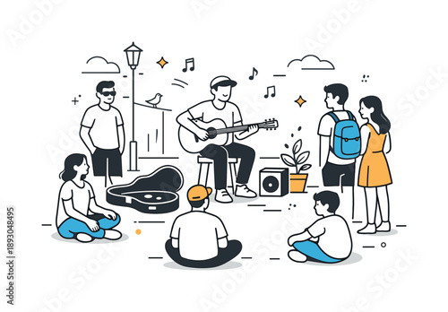 Urban Guitar Harmony. Street music performance. Street musician playing guitar while small crowd listens, relaxed urban atmosphere and calm enjoyment of live