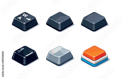 Colorful Keyboard Icons. Keyboard Detail. Isometric flat vector icons set of Keyboard Detail: keycap legends surface, beveled key edges, matte key texture,