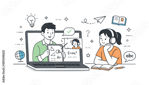 Virtual Study Session. Remote tutoring. A tutor explains a lesson through a laptop screen while a student listens attentively from home, connected by video