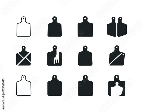 Versatile Cutting Board Logos. board. Icon set. Set Logo of board: cutting board with handle. harmonious logo variations of the same emblematic concept, each