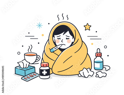 Cozy Flu Season. Flu season concept illustration. Simple character wrapped in a blanket with a thermometer, expressing mild discomfort and home care during flu