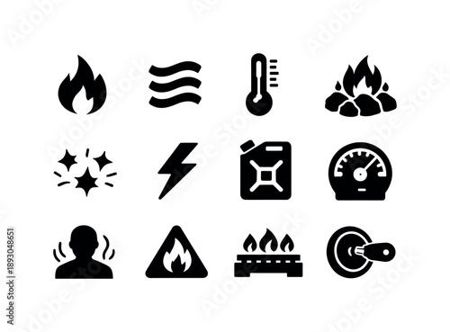 Fire Energy Icons. Fire Heat Energy. Solid icon set of Fire Heat Energy: flame symbol, heat waves, temperature gauge high, burning coal, fire sparks, energy