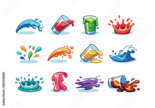 Colorful Drink Spill Icons. Drink spill motion. Colorful isometric vector icons set of Drink spill motion: liquid splash arc, glass tipping motion, drink