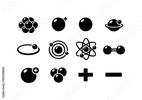 Atomic Structure Icons. Atomic structure. Solid icon set of Atomic structure: nucleus core, proton particle, neutron particle, electron particle, electron