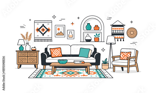 Heritage-Inspired Modern Design. Modern interior design inspired by heritage. Room with furniture and decor combining contemporary forms and traditional