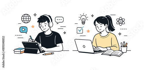 Online Learning Teens. Teenagers studying online. Teenagers learning from a tablet or laptop with digital icons nearby. Blended learning and quiet