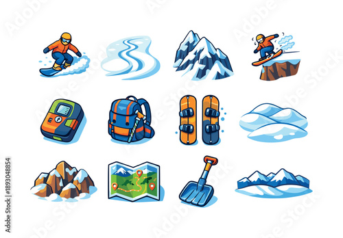 Freeride Snowboarding Icons. Freeride snowboarding. Colorful isometric vector icons set of Freeride snowboarding: off-piste snowboarder, deep powder trail,
