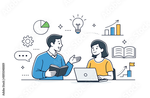 Onboarding Success Illustration. Employee onboarding training. New employee learning from a mentor with simple charts and icons floating nearby, focused and