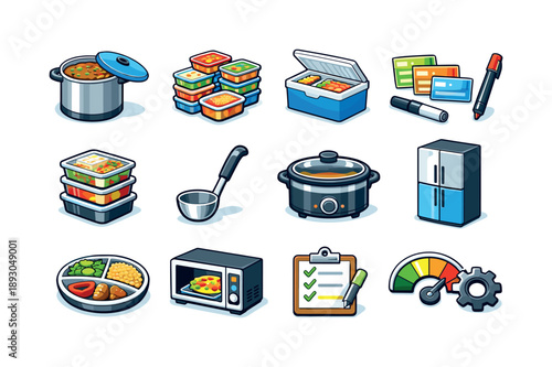 Batch Cooking Icons. Batch cooking. Colorful isometric vector icons set of batch cooking: large cooking pot, multiple meal containers, freezer storage box,