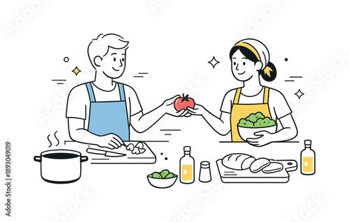 Joyful Meal Prep. Food and cooking. Two people preparing a meal together, exchanging ingredients and smiling calmly. The scene highlights cooperation, comfort,