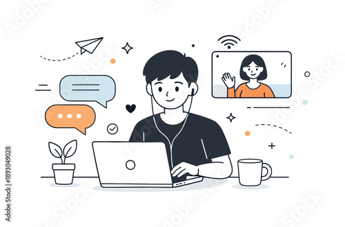 Modern Remote Workspace. Modern workspace remote work. Individual working on a laptop with video call window and chat bubbles visible. Calm concentration and