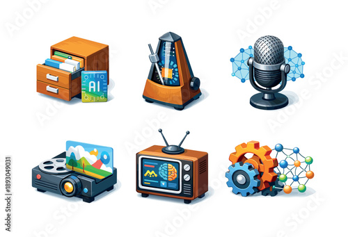 Analog AI Fusion. Analog meets AI. Isometric flat vector icons set of Analog meets AI: paper filing cabinet with AI index, mechanical metronome with smart
