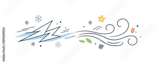 Spring Breeze Transformation. Winter wind turning into spring breeze. Minimal abstract wind lines shifting from cold sharp shapes to smooth flowing curves,