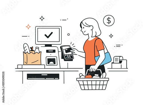 Smooth Grocery Checkout. Grocery shopping checkout. Shopper paying at a self-checkout or cashier counter. Smooth process and routine convenience. Minimalist