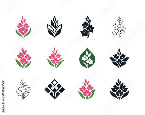 Birth Flower Icons. birth flowers. Icon set. Set Logo of birth flowers: gladiolus (August). harmonious logo variations of the same emblematic concept, each
