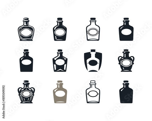 Vintage Bottle Logos. Vintage Bottle. Icon set. Set Logo of Vintage Bottle: glass bottle with label frame. harmonious logo variations of the same emblematic