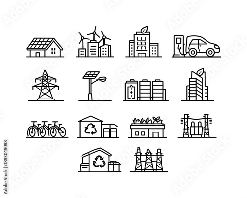 Urban Sustainability Icons. Urban renewable projects. Line icon set of Urban renewable projects: solar panel rooftop, wind turbine city, green building,