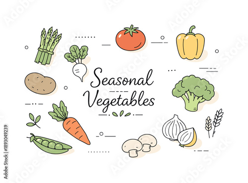 Seasonal Vegetable Layout. Minimal seasonal vegetables layout. Top view of vegetables spaced evenly with plenty of white space, gentle color