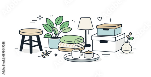 Scandinavian Home Essence. Scandinavian design elements. A collection of household items like stools, textiles, plants, and storage boxes placed in a balanced