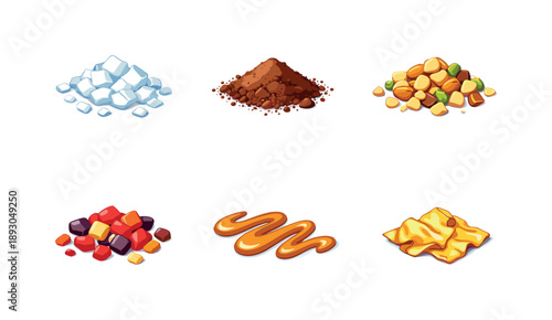 Flavor Icons Grid. Flavor Accents. Isometric flat vector icons set of Flavor Accents: sea salt flakes topping, cocoa powder dust, crushed nuts mix, dried fruit
