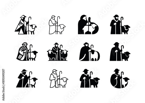 Shepherd Logo Set. Shepherd. Icon set. Set Logo of Shepherd: shepherd and sheep. harmonious logo variations of the same emblematic concept, each with different