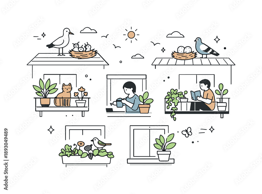 Obraz premium Urban Wildlife Harmony. Urban wildlife coexistence. Birds nest on rooftops while plants grow on balconies and windowsills, illustrating everyday biodiversity