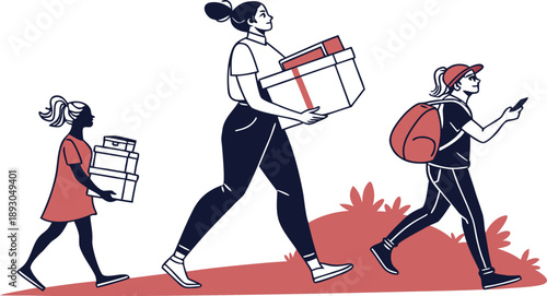 female silhouette carrying items pose group boxes
