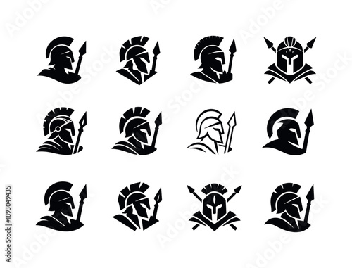 Roman Gods Icon Set. Roman gods. Icon set. Set Logo of Roman gods: Mars with helmet and spear. harmonious logo variations of the same emblematic concept, each