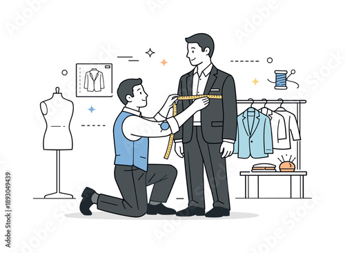 Modern Tailoring Precision. Custom-tailored clothing. Tailor measuring a client with tape measure in a modern studio, focused and respectful interaction. Clean