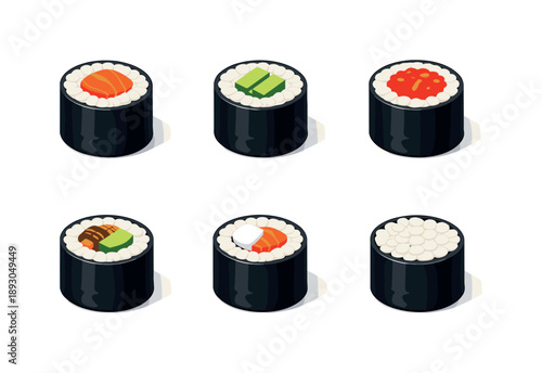 Maki Sushi Icons. Maki sushi. Isometric flat vector icons set of maki sushi: salmon maki, cucumber maki, spicy tuna roll, eel and avocado roll, cream cheese