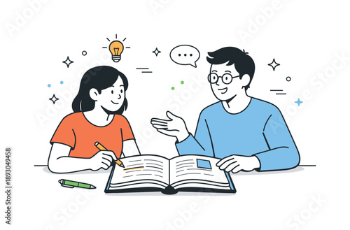 Cozy Book Exchange. Book club moment. A pair of readers with an open non-fiction book between them, exchanging ideas and highlighting notes, warm atmosphere