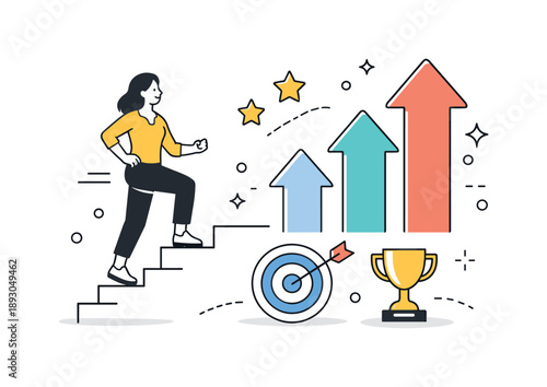 Empowered Ascent. Female Growth and Success. A woman climbing steps or standing near upward arrows and stars, symbolizing progress and achievement. Optimistic