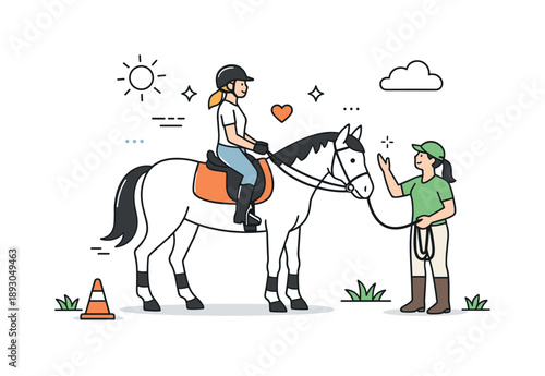 Calm Horseback Lesson. Horseback riding lesson. A rider calmly practicing posture and balance on a horse, guided by an instructor nearby. The scene shows