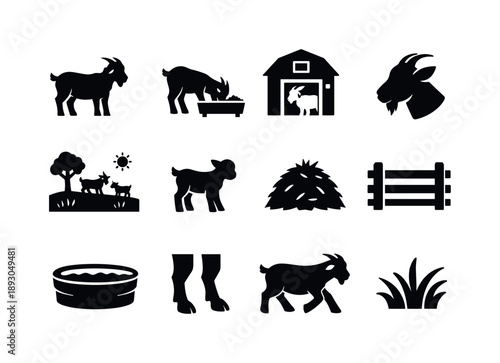 Farm Goat Icons. Farm goats. Solid icon set of Farm goats: domestic goat, feeding goat, goat barn, goat head profile, grazing field, goat kid, hay pile, goat