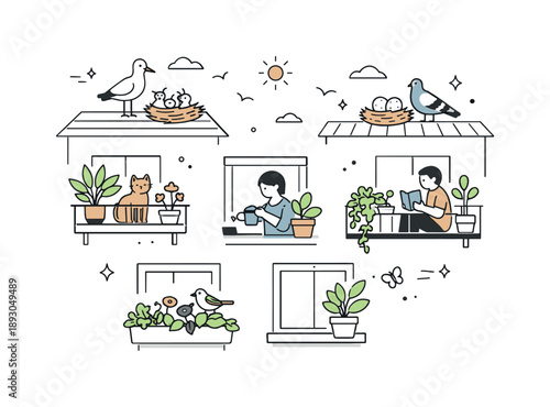 Urban Wildlife Harmony. Urban wildlife coexistence. Birds nest on rooftops while plants grow on balconies and windowsills, illustrating everyday biodiversity