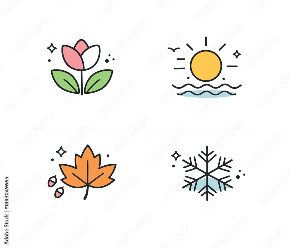 Obraz premium Seasonal Nature Quadrants. Seasonal Nature Icons. Four quadrants layout with each season represented by a nature icon and small decorative accents. Clear