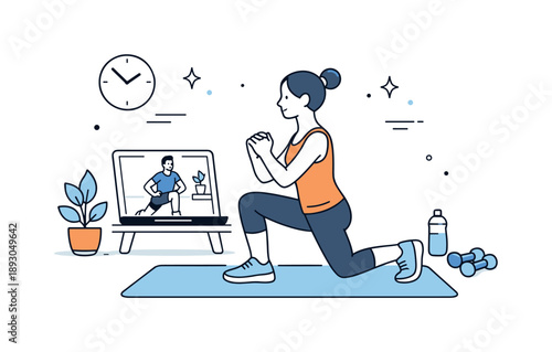 Home Fitness Session. Home workout online. Person exercising while watching a trainer on a screen. Guided fitness and digital learning at home. Minimalist flat