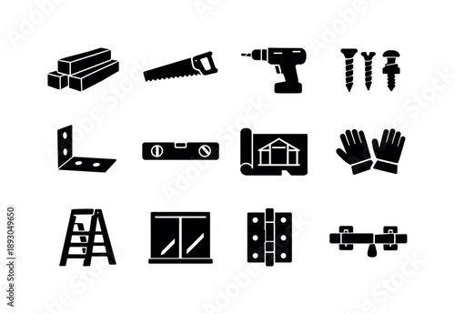 Greenhouse Construction Icons. Greenhouse construction. Solid icon set of greenhouse construction: wooden beams, saw, drill, screws, brackets, level tool,