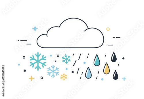 Weather Transition Art. Weather transition moment. Abstract snow symbols blending into rain drops beneath a simple cloud. The illustration feels informative,